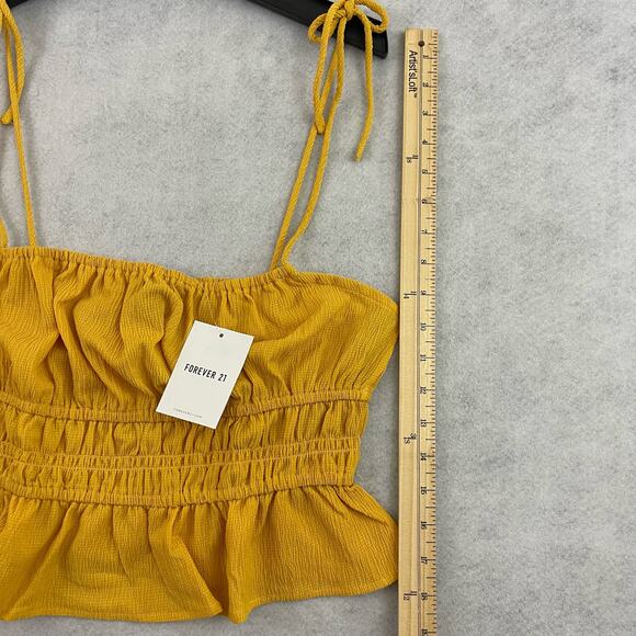 Forever 21 Yellow Smocked Knit Crop Top Medium Midriff Peplum Flair Strappy NWT - Picture 6 of 11